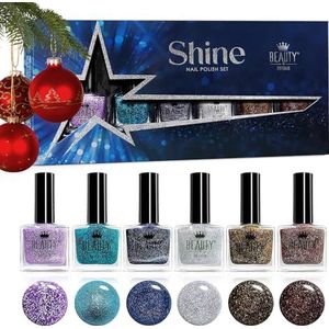 Kerst Glitter Nagellak Set van 6 – Feestelijke Schitterende Kleuren 10ml | Sprankelende Feestelijke Nagels, Gemakkelijke Aanbrenging door Beauty4Britain