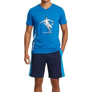 In One Clothing - Jongenspyjama kort, zachte single-jersey van 100% katoen, met motiefprint en broek in bermudavorm, Voetbal blauw 2, 140