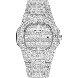 Gosasa Luxe Unisex Horloges Crystal Diamond Rvs Horloges Quartz Kalender Grote Gezicht Polshorloge voor Vrouwen Mannen, D Zilver, Quartz Beweging