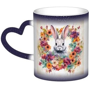VducK Kleur veranderende mok 11oz gepersonaliseerde magische mok theekop aquarel konijn en bloemen keramische koffiemok warmte geactiveerde kleur veranderende mok