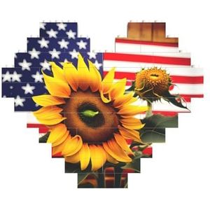 Zonnebloem En Amerikaanse Vlag Legpuzzel - Hartvormige Bouwstenen Puzzel-Leuk En Stressverlichtend Puzzel Spel
