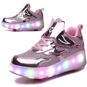 Rolschaatsschoenen met Dubbele Wielen Uniseks LED Lampje voor Kinderen USB Oplaadbaar Intrekbare Lichtgewicht Buitensporten Crosstrainers Sneakers,Pink-36EU