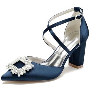 EICOFF - Pumps - Donkerblauw - Gesloten Teen Blokhakken met Strass - Hoge Hakken