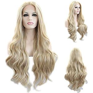 Karissa Blonde Lace Front Pruiken voor vrouwen Lange golvende synthetische kantpruik met babyhaar Goedkoop Blond Hoogtepunt Goud Synthetisch haar Pruik Lijmloos Hittebestendig vezelhaar voor