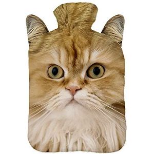 Warmwaterkruik met pullover hoes, 2 liter, bedfles met mooie fleece print, hoes, rubberen warmwaterkruik met deksel, witte kat met oren [092]