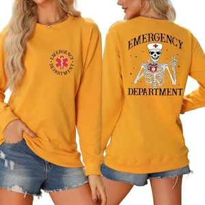 MLZHAN Spoedeisende Afdeling Aan De Voorzijde Print Vrouwen Halloween Sweatshirts Grappig Skelet Verpleegster Hoed Cup De Rug Print Shirt (L, Geel), Geel, L