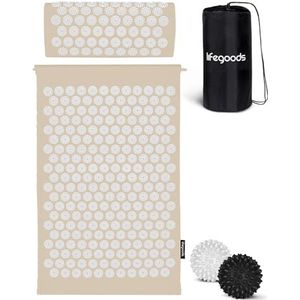 LifeGoods Acupressuur Mat met Kussen, 2x Triggerpoint Massage Ballen en Draagtas | Spijkermat voor Ontspanning en Pijnverlichting | Acupunctuur Massage Set | Lotus Shakti Mat | Beige & Wit