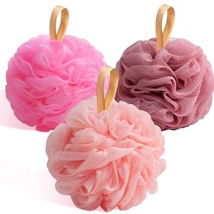 Fishent Bad Loofah Spons, 3 Pack loofahs exfoliërende body scrubber, 60 g zachte mesh poef douche puffs, loofa voor vrouwen (roze-perzik-koraal)