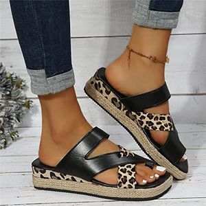 Vrouwen Orthopedische Sandalen Zomer Wedge Sandalen Slip Op Platte Strand Slides Schoenen Luipaardprint Wandelschoenen Antislip PU Lederen Slippers,zwart,US6/EU37