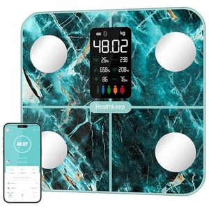 Lichaamsvetweegschaal, personenweegschaal, personenweegschaal met lichaamsvet en spiermassa, 15 lichaamsgegevens, lichaamsvetanalyse, smart weegschaal met app, groot display, iriserend marmergroen