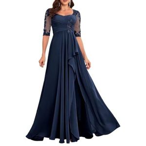 Dames chiffon moeder van de bruid jurk voor bruiloft met split galajurken cocktailjurk plus size, Donkerblauw, 32