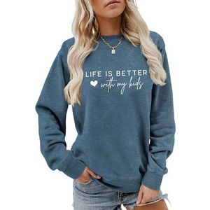 Life Is Better with My Kids Sweatshirt voor vrouwen grappige liefde hart print shirts lange mouw jas tops (XXL, blauw 2), Blauw 2, XXL