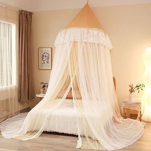 Bedhemel, Prinsessenbedhemel for meisjes - Halve halve cirkel Ronde Kanten Klamboetent met Dubbellaags Doorschijnend Mesh Koepelbedgordijn(Camel)