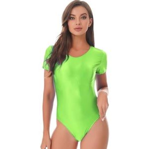 Dames Glanzende Korte Mouw Bodycon Bodysuit Badpak Hoge Cut Een Stuk Olie Glanzende Gladde Clubwear A-Fluorescerende GN L