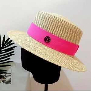 Elegante brede rand schippershoed zomer raffia hoed dames stro zonnehoed platte stro fedoras derby met verwisselbare gekleurde banden(Size:Natural-hot Pink)