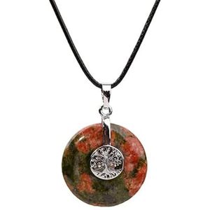 Women Natural Stones Leather Necklace Roud Tree Of Life Charm Stone Pendant Necklace Fashion Women Male Yoga Jewelry (Color : Unakite)