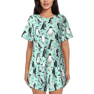 RIVETECH Pyjama met schattige pinguïns print voor dames met korte mouwen - comfortabele korte sets, nachtkleding met zakken, Zwart, XL