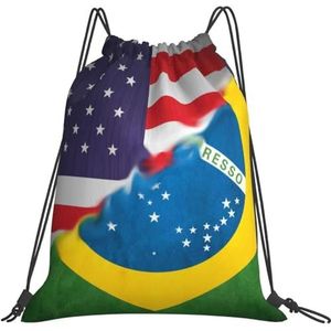 351 Rugzak met trekkoord 42 x 36 cm, Amerikaanse vlag en Braziliaanse vlag lichte rugzak grote reizen schooltas opvouwbare gepersonaliseerde tas met trekkoord voor sport, verjaardag, dames, Tas met