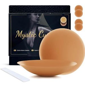 Mystic Curves Zachte Silicone Herbruikbare Plaknippelbedekkers | 2 Pairs + Opbergdoos + 5 Kleding Plakstrips | Ronde 8 cm | Onzichtbare Waterdichte Nippelbedekkers (karamel)