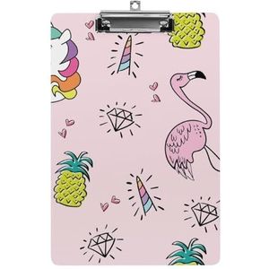 Eenhoorn Flamingo Ananas Grappig Klembord met Sterke Metalen Clip A4 Lettergrootte Acryl Clip Board met Gat om op te hangen