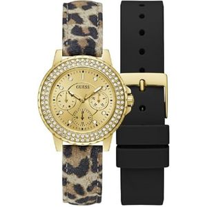 GUESS Dames sport kristal multifunctioneel 36 mm horloge - witte wijzerplaat rose goudkleurige roestvrijstalen kast met blauwe siliconen band, Verwisselbare bandjes/Goudkleur/Champagne, Klassiek