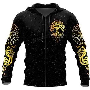 Heren Viking Tree Of Life Raven Tattoo Pullover Met Rits, Nordic Rune Yggdrasil 3D Digitaal Geprinte Hoodie, Unisex Mode Sweatshirt Casual Jack Met Zak S-5XL