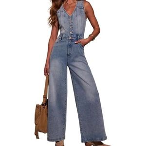 OHERUWKLS Dames Mouwloze V Hals Effen Kleur Hoge Taille Slank Knoop Vest Denim Jumpsuit,Blauw,L