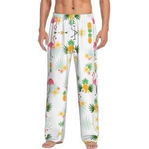 Dexnel Flamingo's En Ananas Zachte Pyjama Broek Voor Mannen,Klassieke Slaapbroek Comfortabel, Polyester Pyjama Broek Met Zakken, Wit, S