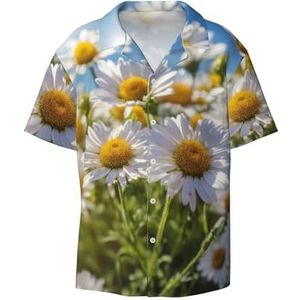 OdDdot Wilde witte madeliefjes bloemenprint herenoverhemden atletisch slim fit korte mouw casual zakelijk overhemd met knopen, Zwart, 4XL