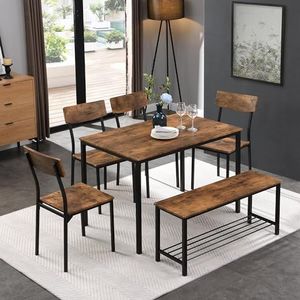 Aunvla Eettafel stoel en bank set 6 houten stalen frame industriële stijl keuken eettafel set