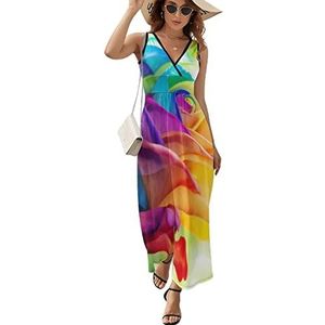 Regenboog Rose Casual Maxi Jurk Voor Vrouwen V-hals Zomer Jurk Mouwloze Strandjurk S