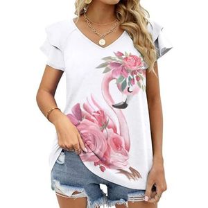 Leuke Dromende Flamingo Grafische Blouse Top Voor Vrouwen V-hals Tuniek Top Korte Mouw Volant T-shirt Grappig