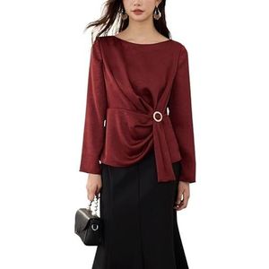 ROUZIHU Chiffon Shirt Top Commuting Pullover Onregelmatig Klein Shirt Lange Mouw Dames Slim Shirt(Rosso,XXL)