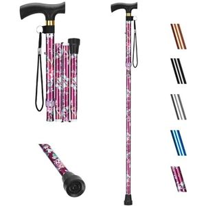 supregear Opvouwbare wandelstok, 5 niveaus verstelbare hoogte aluminium opvouwbare wandelstok met T-handvat en anti-verloren polsband, antislip inklapbare balancerende mobiliteitshulp voor ouderen en