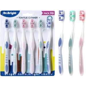 DR.BRIGHT Handmatige tandenborstel, tongreiniger, ultrazachte haren, zachte tandenborstel voor volwassenen, antislip borstel handvat tandenborstel, tandenborstel, diverse kleuren, 6 stuks