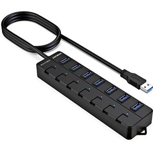 VEMONT USB 3.0-hub, 7-poorts USB-hub, splitter met verlengde kabel van 1,2 m, USB-verdeler met afzonderlijke led-stroomschakelaar, compatibel met pc/MacBook Air/Pro/Mac mini/iMac/MacPro/laptops en