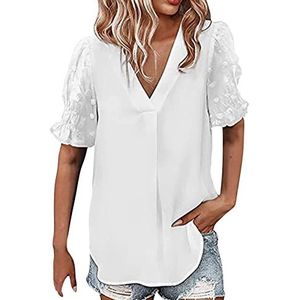 Chiffon blouse dames elegante pofmouwen - blouses V-hals T-shirt licht ademend hemdblouse pacthwork bovenstuk slim fit longshirt effen sweatshirt linnen zomer blouseshirt, wit, XXL