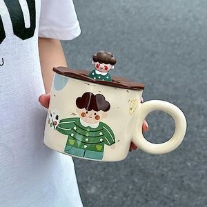 BDWMZKX Mugs Cute Hand-painted Parent-child Cup, Ceramic Cup With Lid, Creative Mug, Souvenir Gift For Girls, Water Cup For Couple, Home Cup-b-400ml