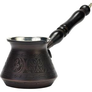 DEMMEX 2 mm dikste koperen Turkse Griekse Arabische koffiepot, gegraveerde kookplaat, koffiezetapparaat, Cezve Ibrik Briki met houten handvat en lepel, voor 3 personen (antiek koper)