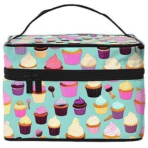 Leuke grote bruine cartoon uilen afdrukken make-up tas,Draagbare cosmetische tas,Grote capaciteit reizen make-up case organizer, Cupcake Patroon, Eén maat