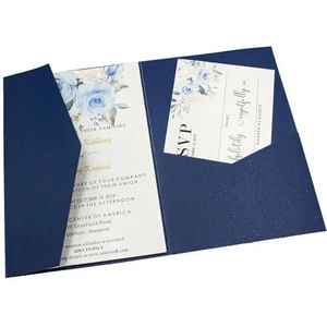 Huwelijksuitnodigingen 50 Rose Laser Cut Tri-fold bruiloft uitnodigingskaarten Kit Pocket uitnodiging envelop voor bruiloft, verloving, jubileum (kleur: parel donkerblauw, maat: blanco set)