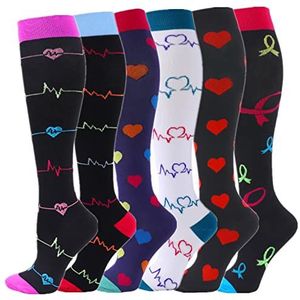 Kleurrijke Compressiesokken voor Vrouwen, 6 Paar Sokken Sport Verpleging Zwangerschap Herstel Spataderen Lopen Reizen Stijlvol Vlucht Compressie Sokken Kousen 20-25 mmHg (S/M, Meng kleur-5)