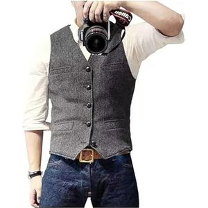 Solovedress Casual wollen vest met visgraatpatroon voor onder pak, v-hals, tweedvest voor bruiloft, groomsmen, zilver-grijs, M