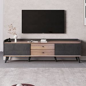Moimhear TV-kast met twee laden, TV tafel tv-meubel, lage plaat met twee schuifdeuren. Prachtige textuur. Zwart en natuurlijke houtkleur. H58/L160/T40 cm