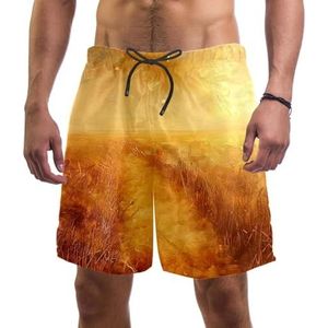 PAFEFO Nieuwigheid boardshorts voor heren, strandvakantie, feest, sneldrogende badpakken met olieverf op gouden tarweveldontwerpen, Olie op Gouden Tarweveld, L