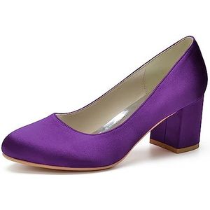 HFWXYSA Womens Dress Pumps Chunky Hakken voor Vrouwen Ronde Teen Mid Block Heels Slip On Pumps Schoenen voor Office Lady Dancer Trouwschoenen,Dark purple,35 EU