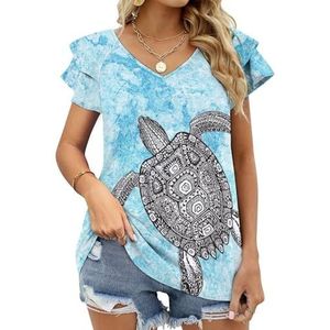 Hand Draw Wit Grijs Schildpad Grafische Blouse Top Voor Vrouwen V-hals Tuniek Top Korte Mouw Volant T-shirt Grappig