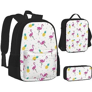 TOMPPY Flamingo en ananas bedrukte boeken tas met lunchtas en etui voor elementair, 3 stuks rugzak sets, Zwart, Eén maat, Schooltas Set