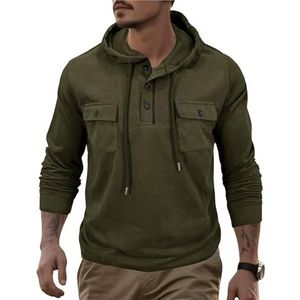 Heren dunne hoodies, lange mouwen, sweatshirts met trekkoord, lichtgewicht pullovers met knoopjes en zak(Army green,3XL)