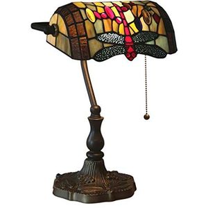 LANMOU Tiffany Tafellamp, retro bankerlamp, gekleurd glas, kleine tafellamp met trekschakelaar, antieke slaapkamer, bedlampje, E27, bureaulamp voor salontafel, werktafel, commode, boekenrek